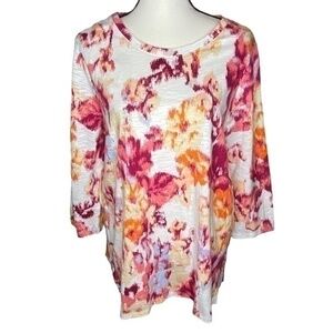 Chicos Top Floral IKat Print Three Quarte Sleeve Top Size Large Chicos Size 2